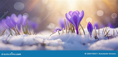 Purple Crocuses Glistening In Sunlight On Snow Covered Ground Stock