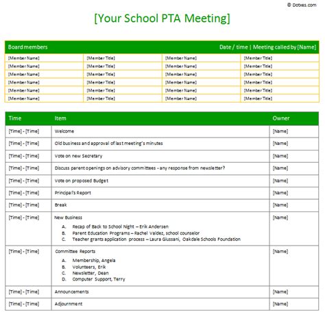 Pta Sample Meeting Agenda Template Table Form Dotxes