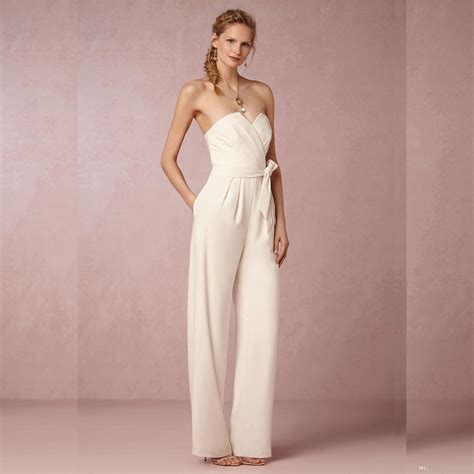 Ivory Chiffon Wedding Pant Suits For Brides Sweetheart Strapless Bridal Pant Suit With Pocket