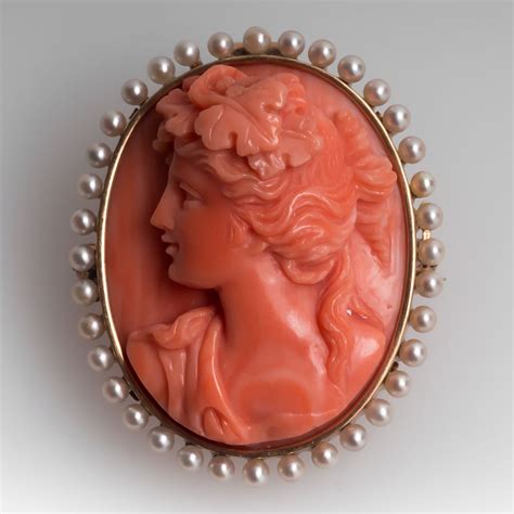 Vintage Pink Coral Cameo Brooch With Pearl Halo Brooch Sparkle