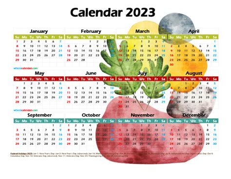 12 Printable Yearly 2023 Calendar With Holidays Watercolor Premium