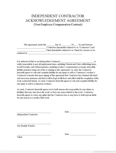 Sample Printable Indep Contractor Acknowledgement Agreement Form Real