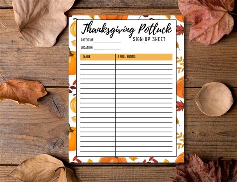 Printable Thanksgiving Potluck Sign Up Sheet Food Sign Up Sheet