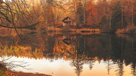 Autumn Beautiful Cabin Cottage Country Fall Forest Hdr Home