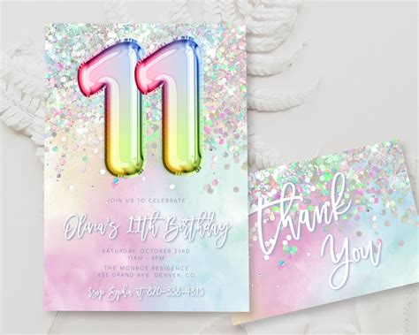 Editable 11th Birthday Invitation Template Rainbow Glitter Etsy Australia