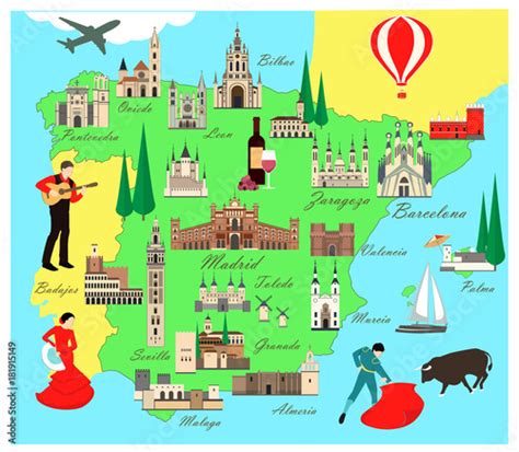 Spain Travel Map With Sights Flat Style Vector Illustration Popular