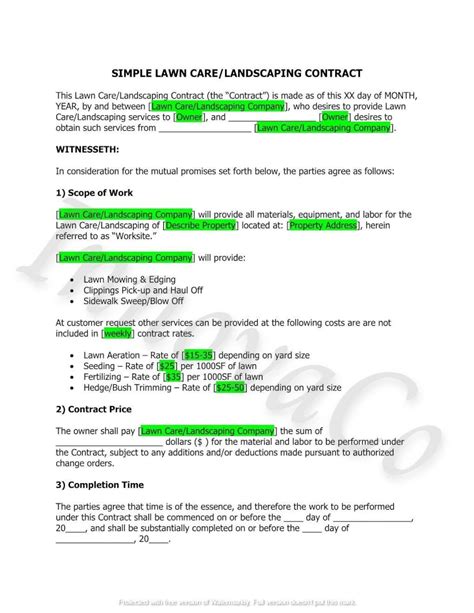 Lawn Care Service Agreement Lawn Care And Landscape Contract Etsy