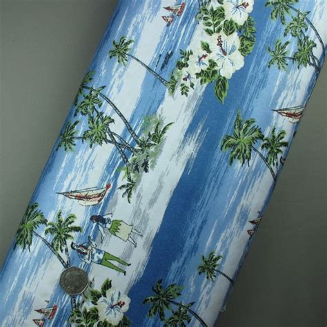 Paradise Hawaiian Beach Print 100 Cotton Fabric On White Sold Per