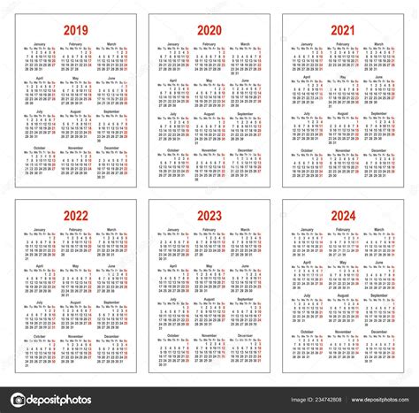 Simple Calendar For 2019 2020 2021 2022 2023 And 2024 Years — Stock