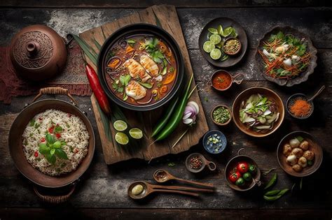 Premium Ai Image Dining Table With Various Dishes And Bowls Of Rice