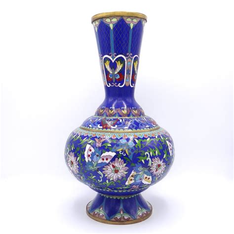 Large Cloisonne Vase 15 Inch Tall Long Neck Chinoiserie Vase