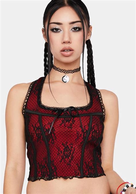 Delias Mesh Lace Overlay Bow Corset Crop Top Redblack Red Corset