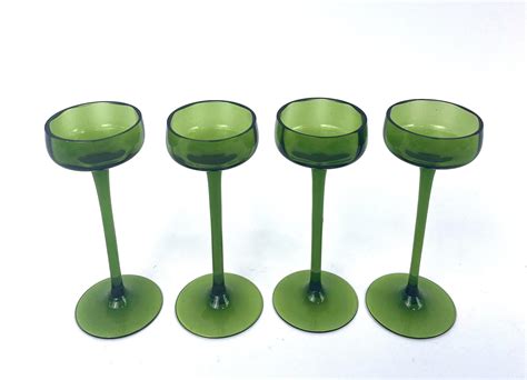 Lot Four Vintage Olive Green Stemmed Aperitif Glasses