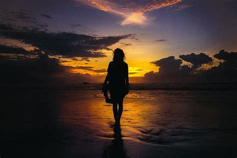 People Girl Woman Walking Alone Sunset Sea Water Beach Shore