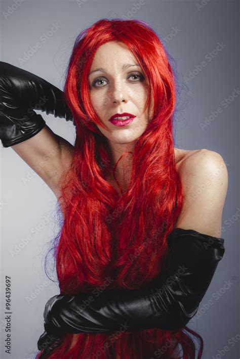 Spanish Woman With Long Red Hair Nude Color And Long Black Late Stock