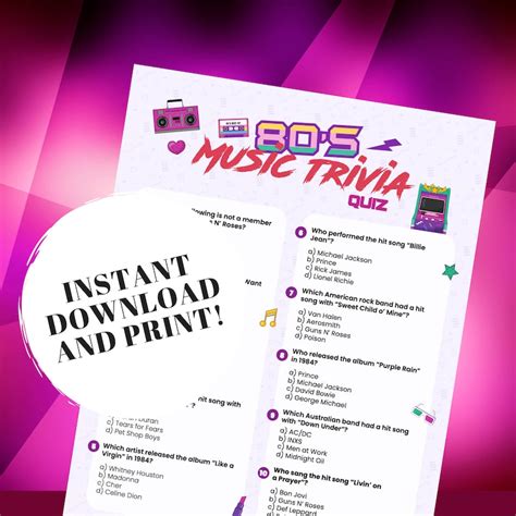 80s Music Trivia Quiz W Answers Printable Trivia Game 80s Party Game