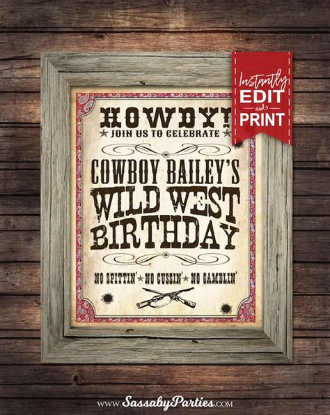 Wild West Cowboy Party Sign Instant Download Partially Editable
