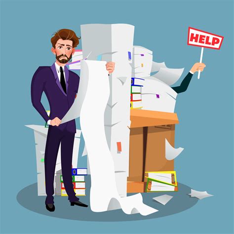 Businessman In Pile Of Office Papers And Documents With Help Sign
