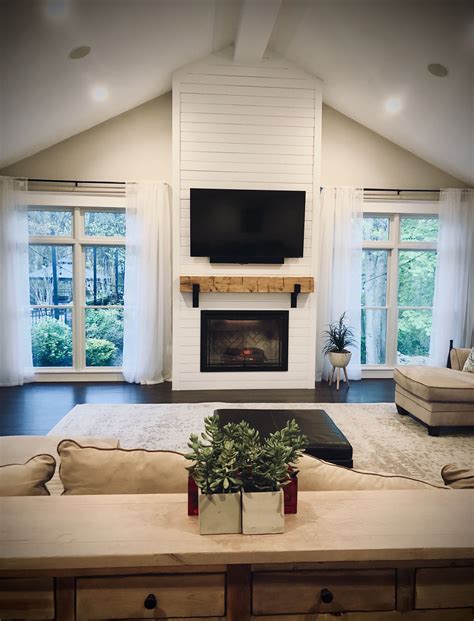 shiplap fireplace with wood beam mantle farm house living room home fireplace fireplace