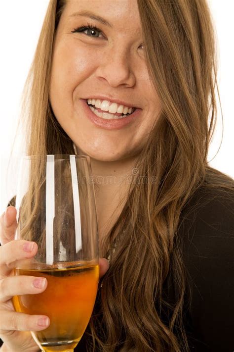Woman Model Portrait Close Up Drinking Some Wine Smiling Stock Photo