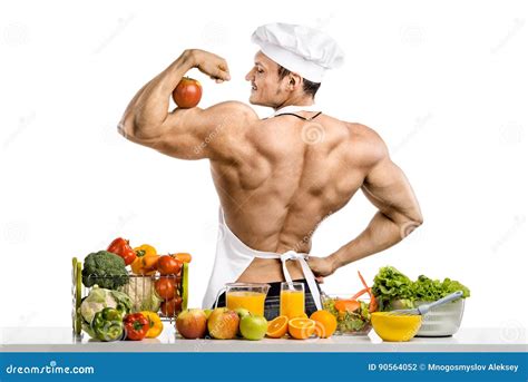 Man Bodybuilder Cook With Apple On Biceps Stock Photo Image Of Food