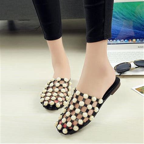 Nice Creative Female Summer Cover Toe Hollow Out Shoes Flat Pearl Half Slippers Women Roman