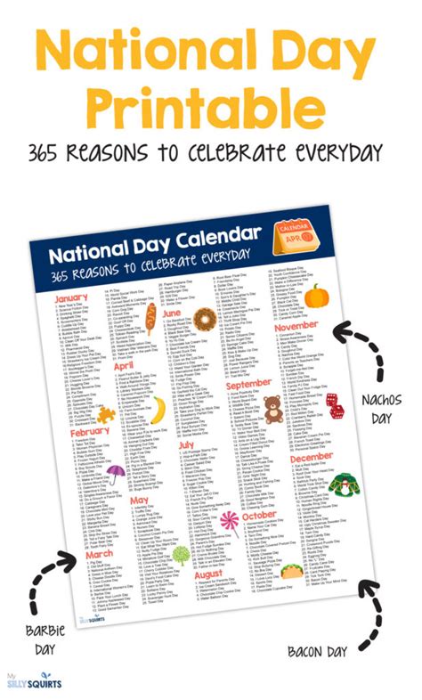 National Day Calendar 365 Reasons To Celebrate Everyday My Silly Squirts