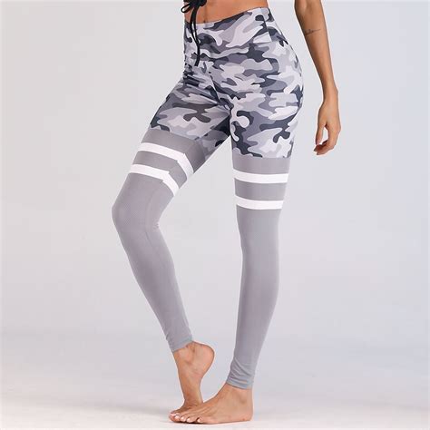 Double Striped Women Camouflage Fitness Leggings Sexy Breathable Mesh Splice Slim Leggings Camo