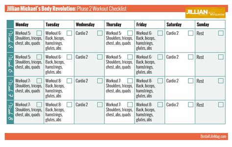 Jillian Michaels Workout Rotation Printable Checklist Body Revolution