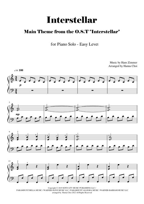 Interstellar Piano Sheet Music Easy F