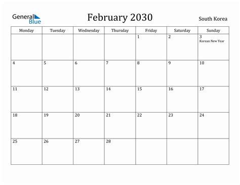 February 2030 South Korea Monthly Calendar With Holidays