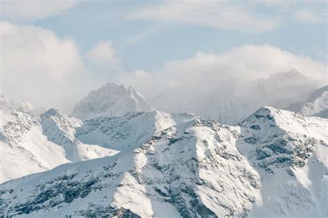 Snow Capped Peaks Of The Caucasus Mountains Caucasian Landscape Stock