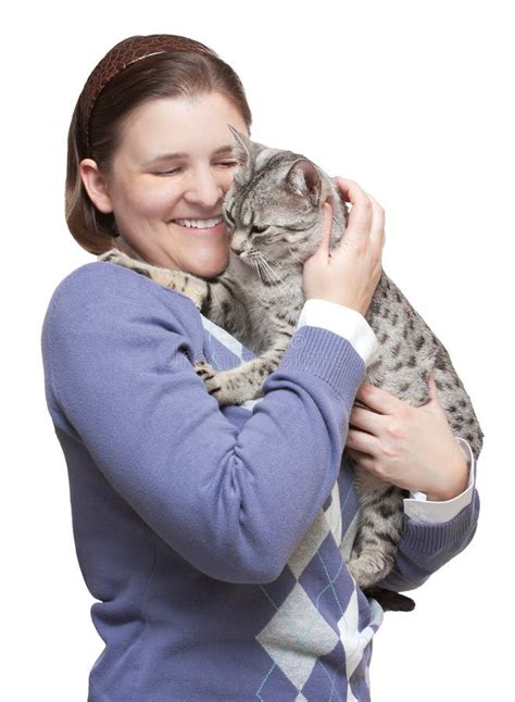 Smiling Woman Holding Happy Cat Stock Image Image Of Love Person
