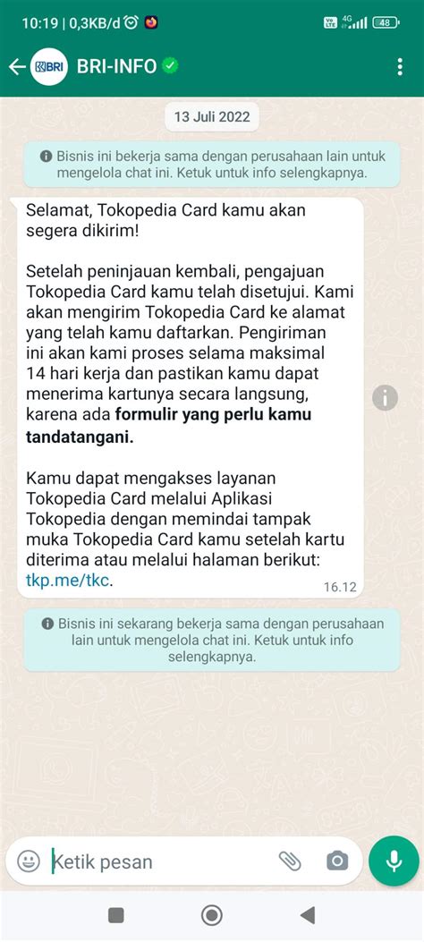 BRI Tokopedia Card Belum Diterima