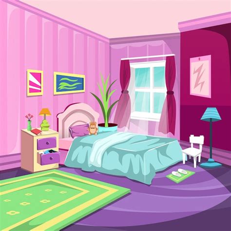 Cartoon Interior Of Cozy Bedroom With Window Living Apartment With