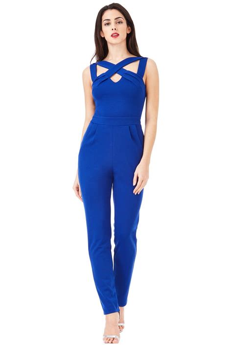 Cross Over Strap Jumpsuit Royal Blue Front Tr114 In 2023