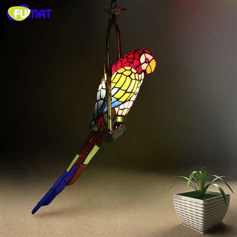 Fumat Stained Glass Parrot Light Antique Art Glass Bird Pendant Lamp