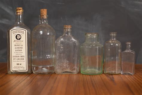 Vintage Apothecary Bottles Set Of 6 Clear Glass Antique Pharmacy