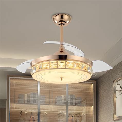 Gold Drum Fan Lamp Contemporary Inserted Crystal Living Room Led