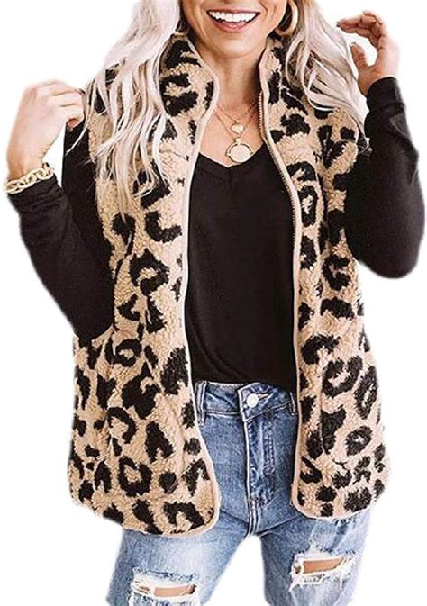 Women Winter Fleece Sleeveless Zip Front Sherpa Leopard Print Vest