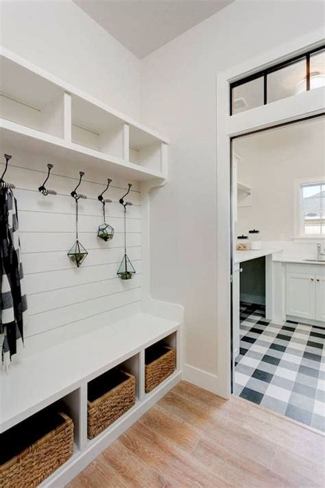 Modern Farmhouse Mudroom With White Built In Lockers White Lockers