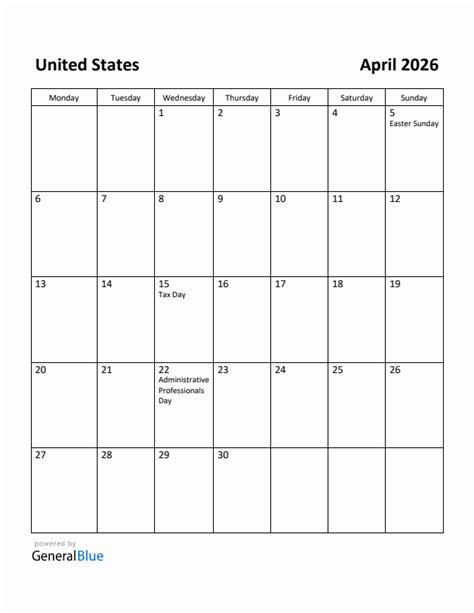 Free Printable April 2026 Calendar For United States