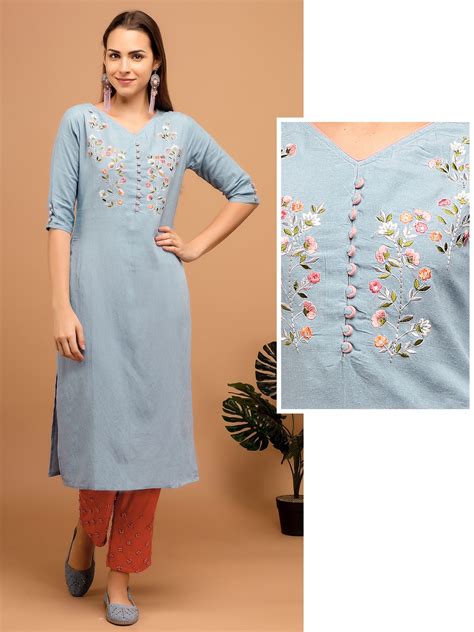 Floral Hand Bead Embroidered Kurta Fashor Kurti Neck Designs Simple Embroidery Designs
