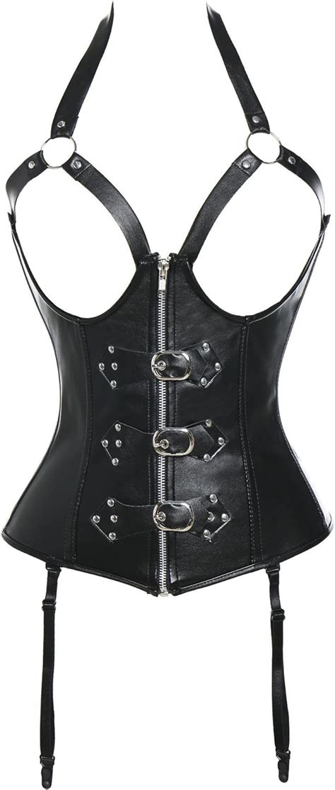 halter faux leather steampunk cupless corset bustier lingerie top set with garter straps and g