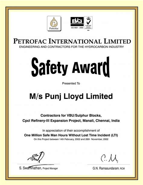 Hse Certificate Sample Safety Award Certificate Template Diff