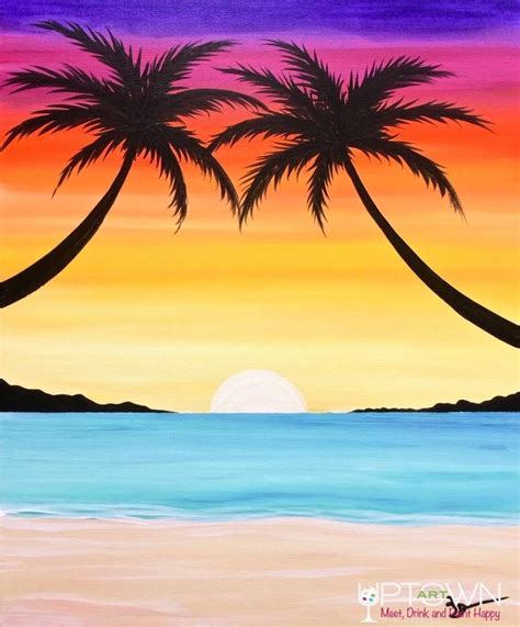 Palms By The Beach Sunset Canvas Painting Mountain Landscape