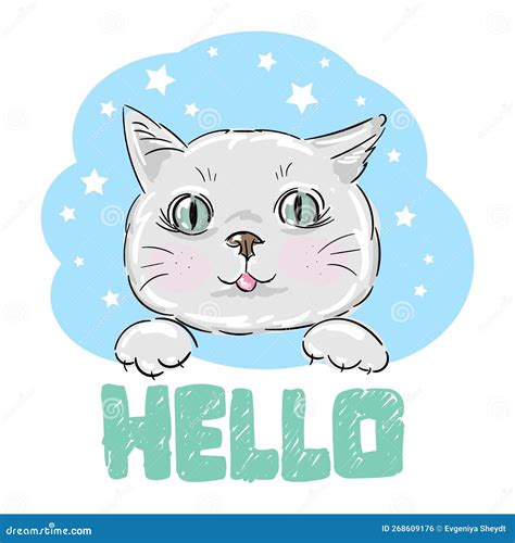 Vector Hand Drawn Cute Cat Face Saying Hello Vector Illustration With