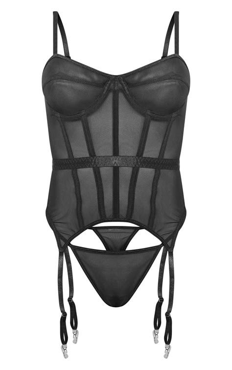 black mesh panelling suspender corset lingerie set prettylittlething
