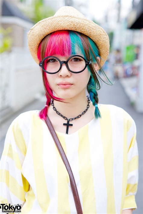 Pink Blue Twin Braids W Round Glasses And Straw Hat In Harajuku Tokyo Fashion