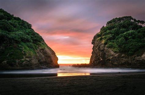 Nature Landscape Sunset Beach Sea Rock Sand Clouds New Zealand